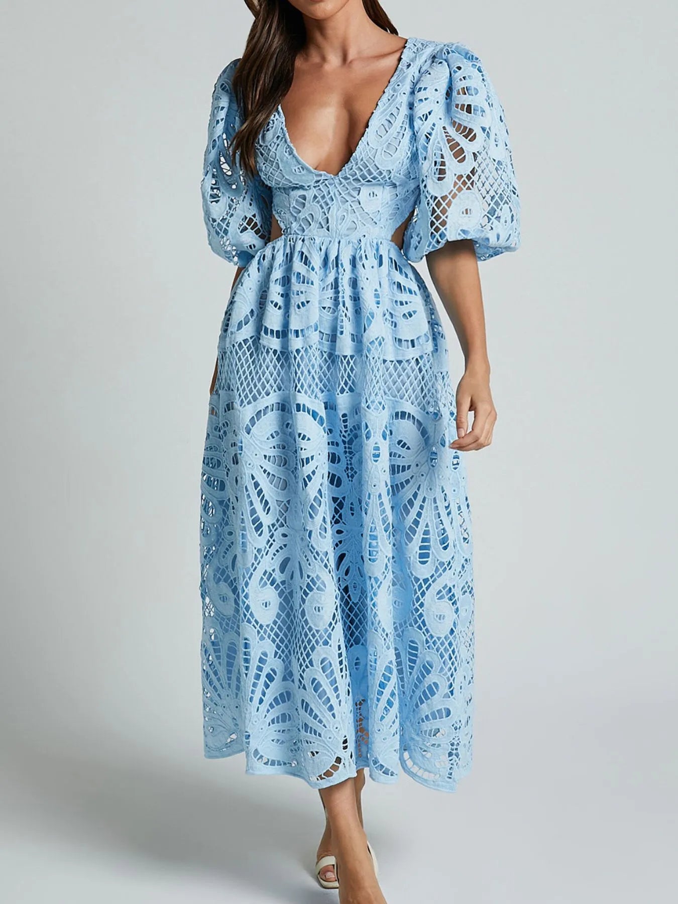 Cutout Back Lace Crochet V-Neck Dress - Tigbul's Variety Fashion Shop