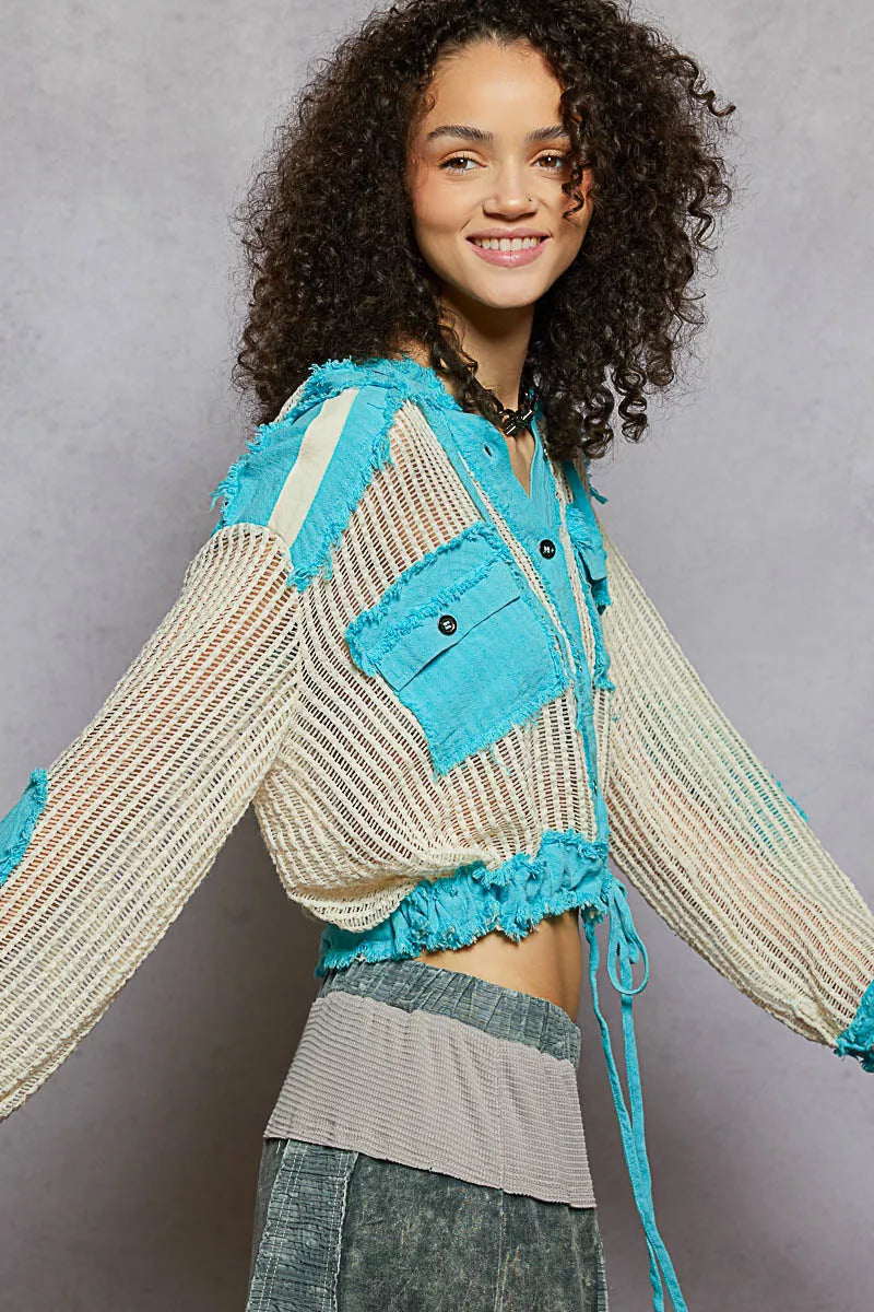 POL Texture Woven Button Down Hooded Shirt with Drawstring Hem - Tigbul's Variety Fashion Shop