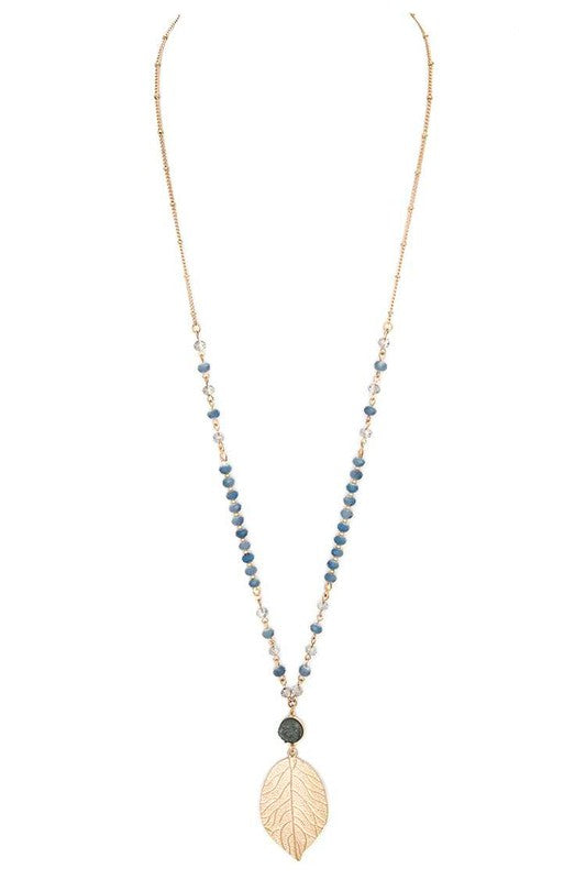 Textured Leaf Pendant Long Crystal Necklace - Tigbul's Variety Fashion Shop