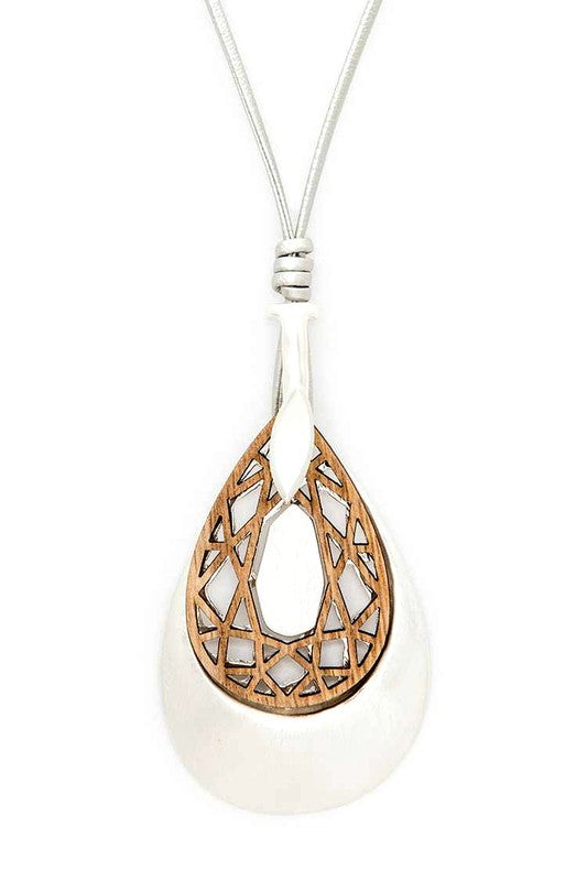 Carved Wood Metal Teardrop Pendant Necklace - Tigbul's Variety Fashion Shop
