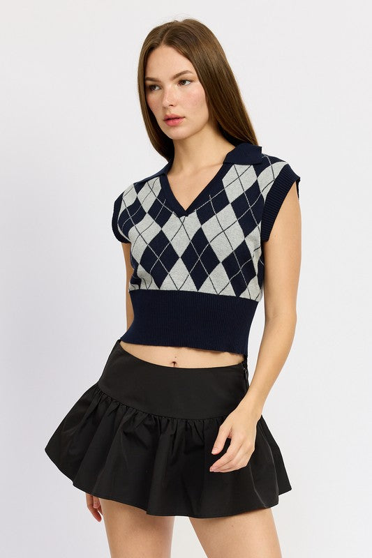 ARGYLE CROPPED VEST - Tigbul's Variety Fashion Shop