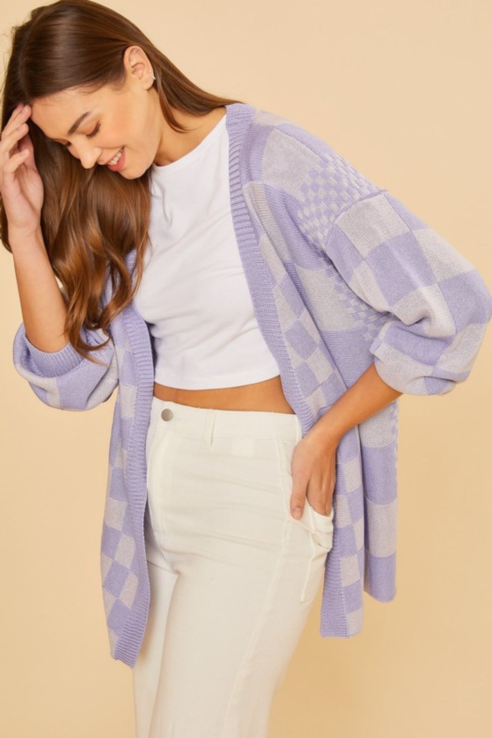 Lavender Checkered Open Front Drop Shoulder Cardigan - Tigbul's Variety Fashion Shop