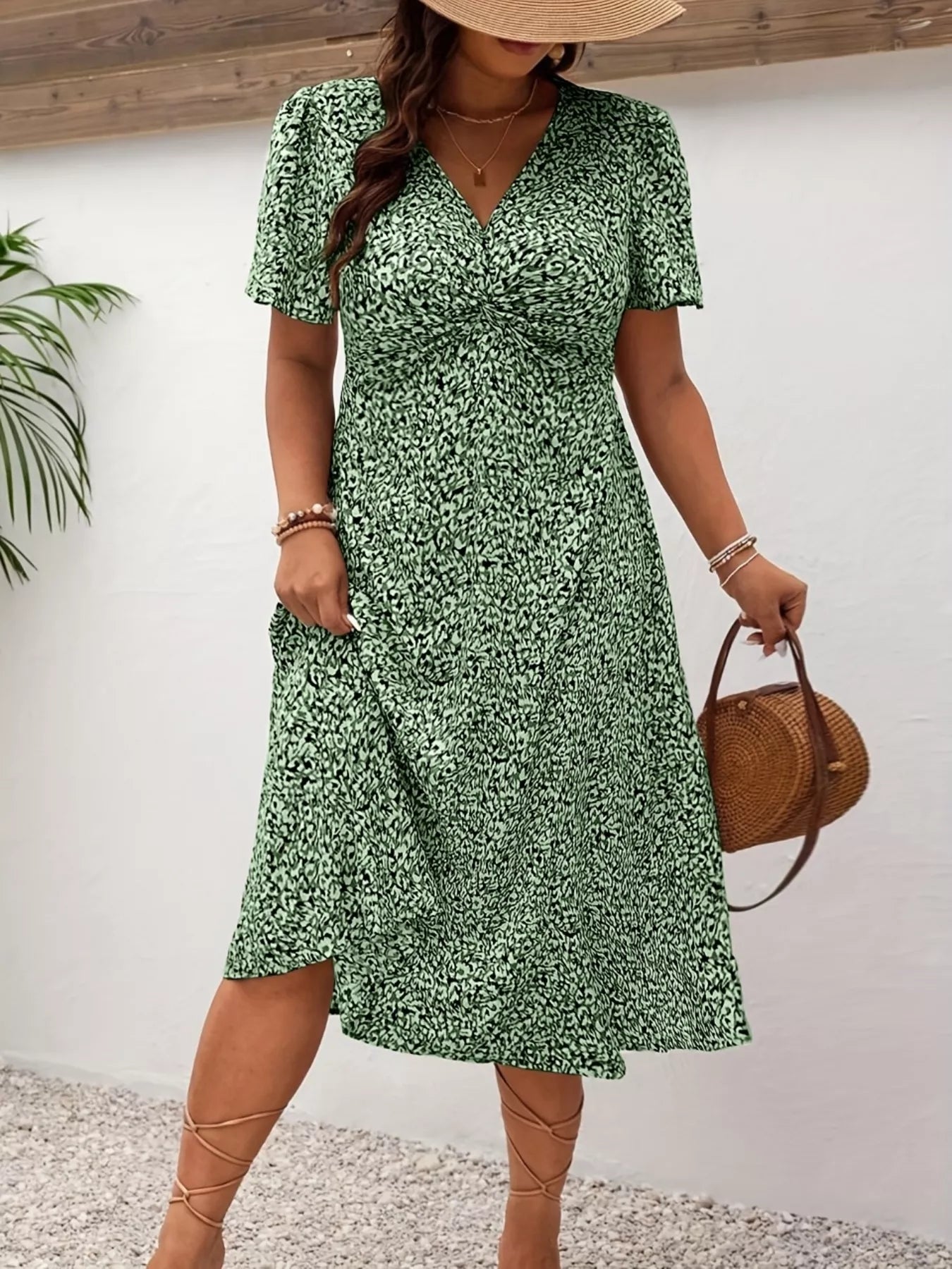 Plus Size Printed V-Neck Short Sleeve Midi Dress - Tigbul's Variety Fashion Shop