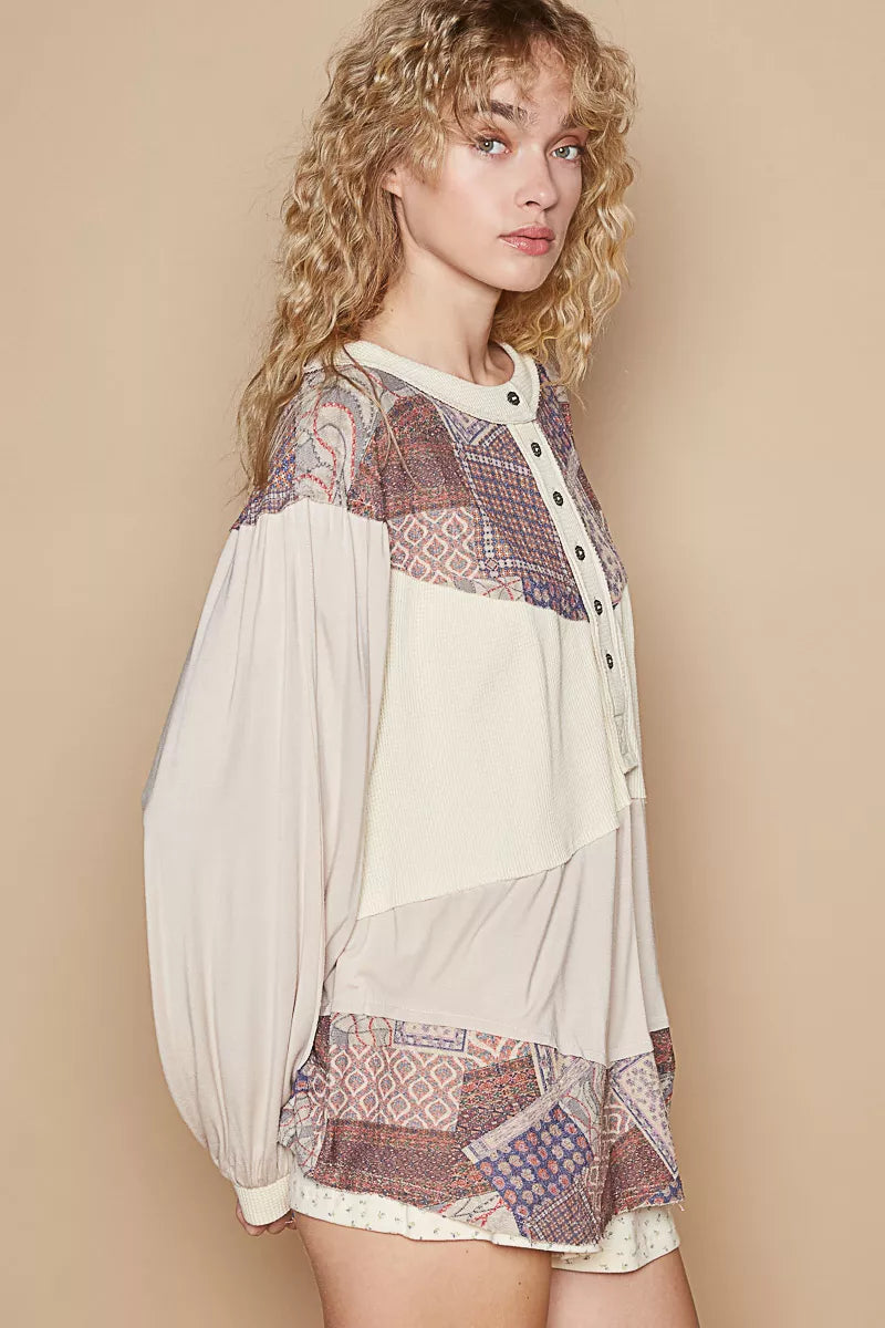 POL Half Button Balloon Sleeve Top with Printed Knit Contrast - Tigbul's Variety Fashion Shop