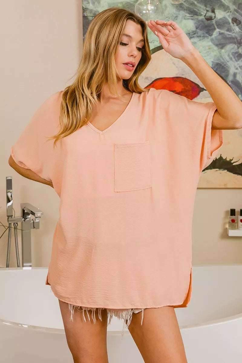 BiBi Woven V Neck Hi-low Boxy Top With Front Pocket - Tigbul's Variety Fashion Shop