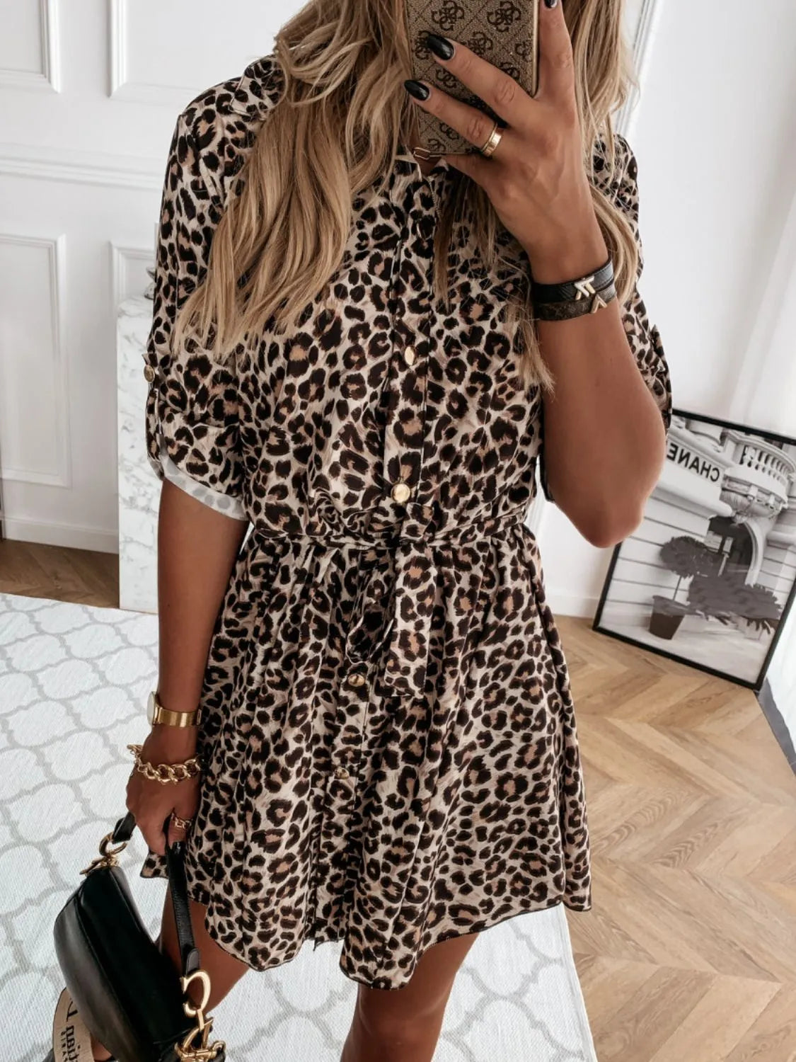 Printed Tie Waist Roll-Tab Sleeve Mini Dress - Tigbul's Variety Fashion Shop