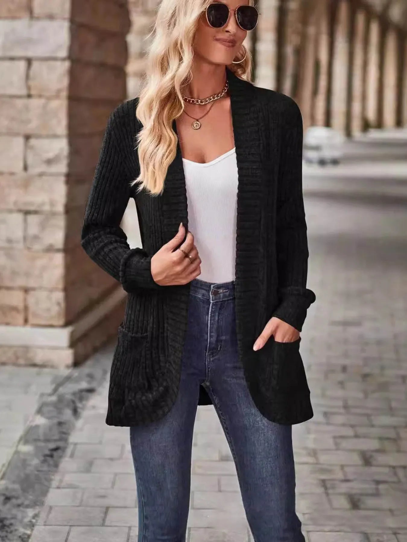 Ribbed Open Front Long Cardigan with Pockets - Tigbul's Variety Fashion Shop