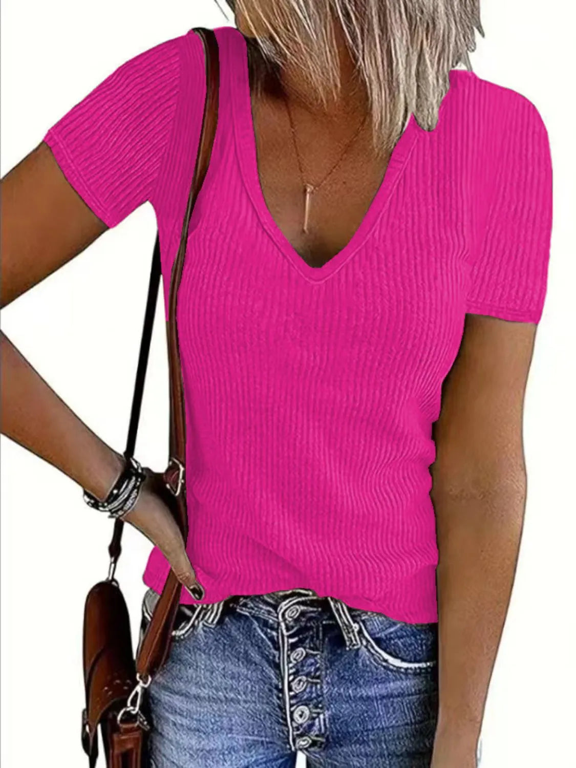 Solid V-Neck Short Sleeve T-Shirt - Tigbul's Variety Fashion Shop