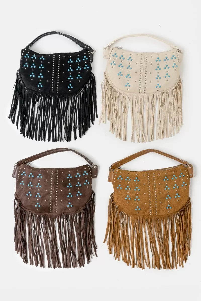 Black Studded Pattern Multi Fringe Hobo Shoulder Bag - Tigbul's Variety Fashion Shop