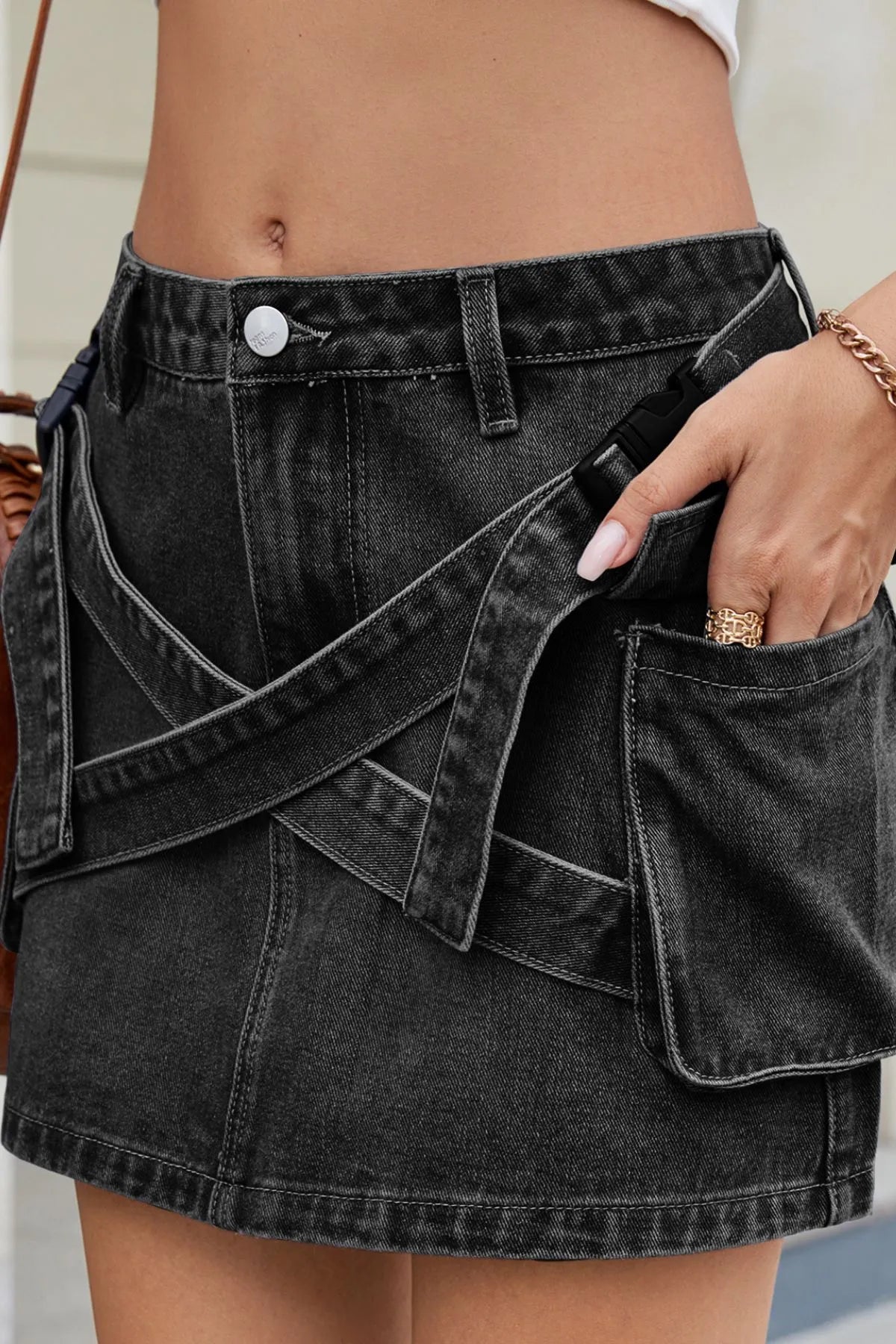 Criss-Cross Waist Detail Denim Mini Skirt - Tigbul's Variety Fashion Shop