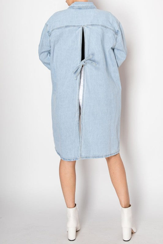 BACK TIE SLIT DENIM JACKET LIGHT WASH - Tigbul's Variety Fashion Shop