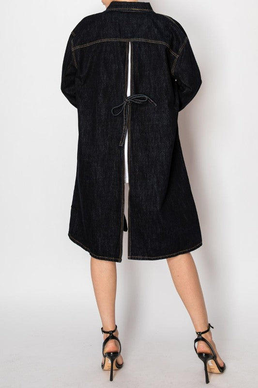 BACK TIE SLIT DENIM JACKET DARK WASH - Tigbul's Variety Fashion Shop