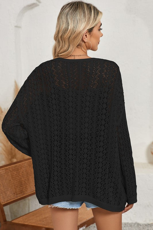 Out Crochet Knit Drop Shoulder Open Front Cardigan - Tigbul's Variety Fashion Shop