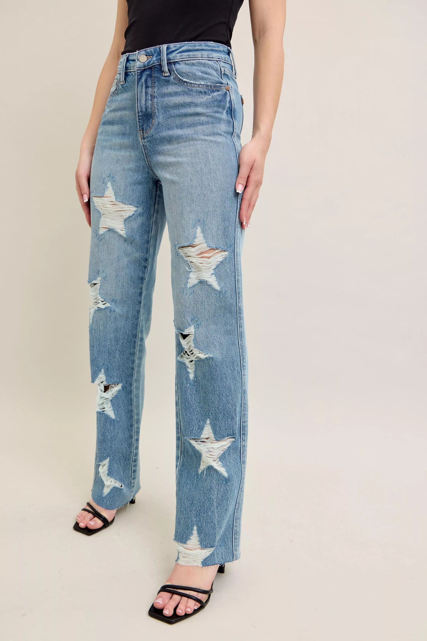 Judy Blue Full Size High Waist Rigid Magic Star Shaped Destroy 90's Straight Jeans Plus Size - Tigbul's Variety Fashion Shop