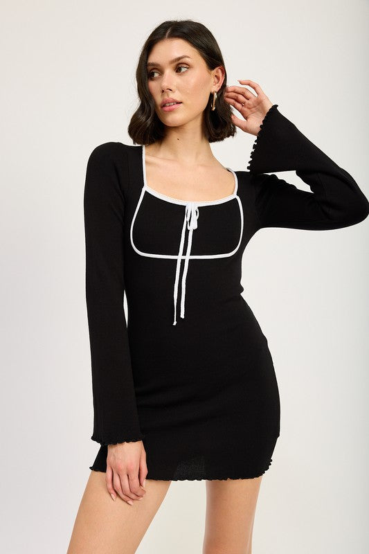 LETTUCE HEM MINI DRESS WITH FRONT TIE - Tigbul's Variety Fashion Shop