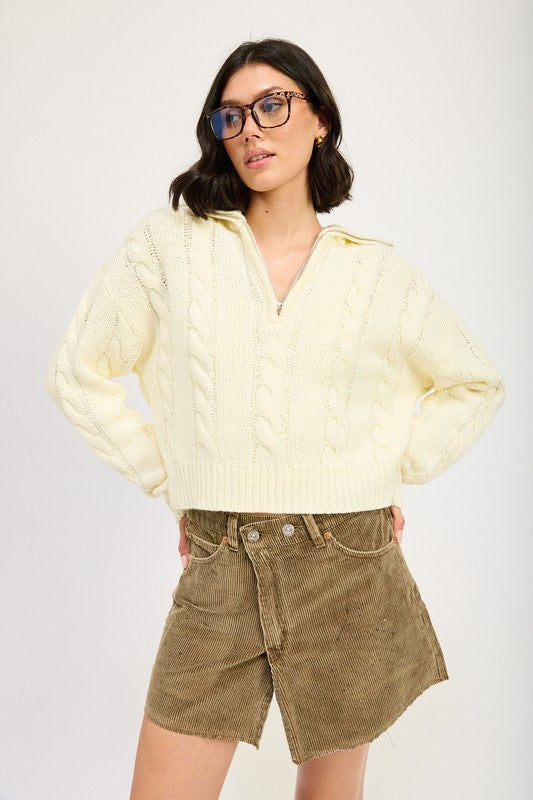 CABLE KNIT SWEATER WITH HALF ZIP - Tigbul's Variety Fashion Shop