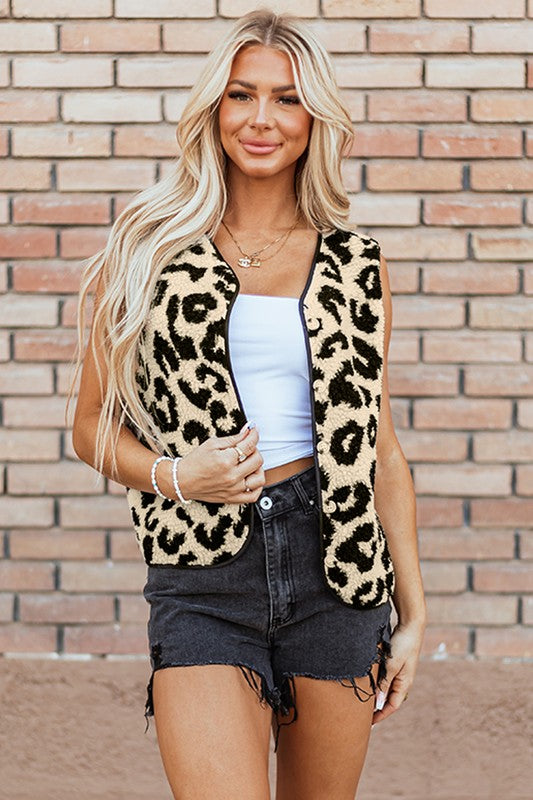 Leopard Print Sherpa Button Front Vest Coat - Tigbul's Variety Fashion Shop