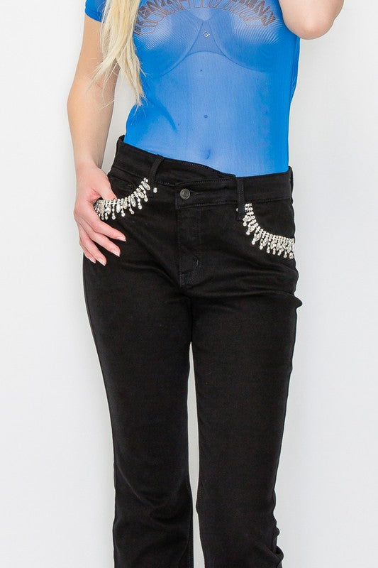 EMBELLISHED HIGH RISE CROSS OVER FLARE JEANS - Tigbul's Variety Fashion Shop