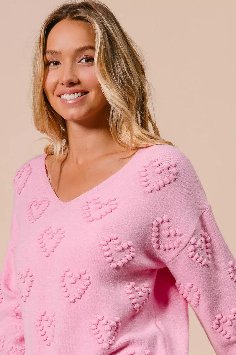BiBi Valentines Heart Pompom V Neck Knit Top - Tigbul's Variety Fashion Shop