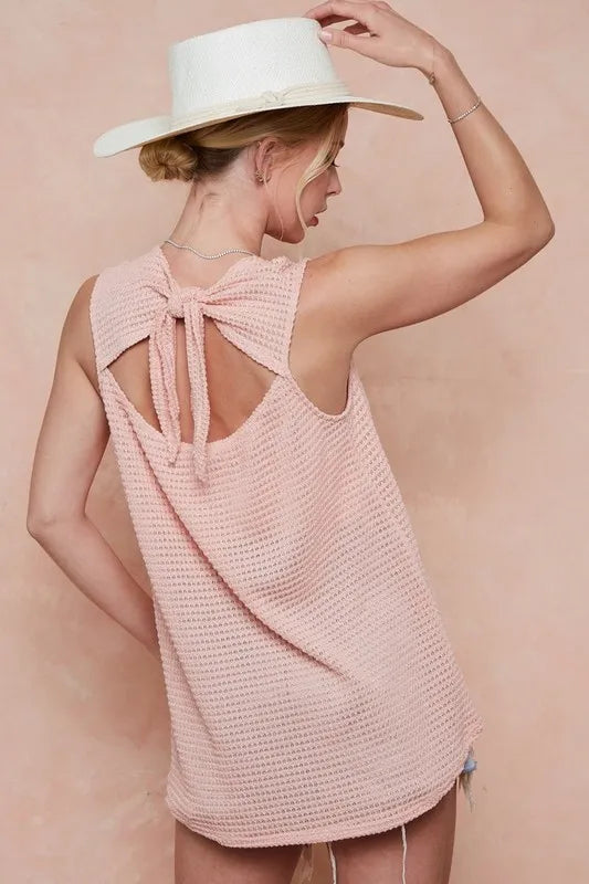 Pink Popcorn Waffle Open Back Top with Tied Ribbon - Tigbul's Variety Fashion Shop