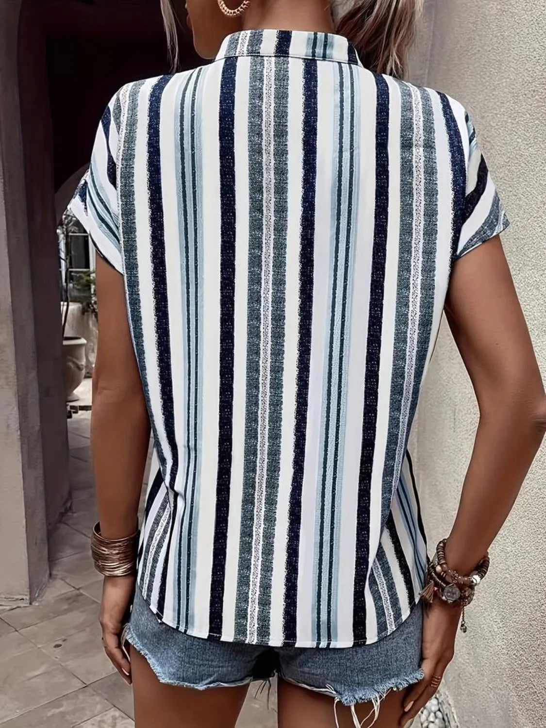 Striped Notched Short Sleeve Shirt - Tigbul's Variety Fashion Shop