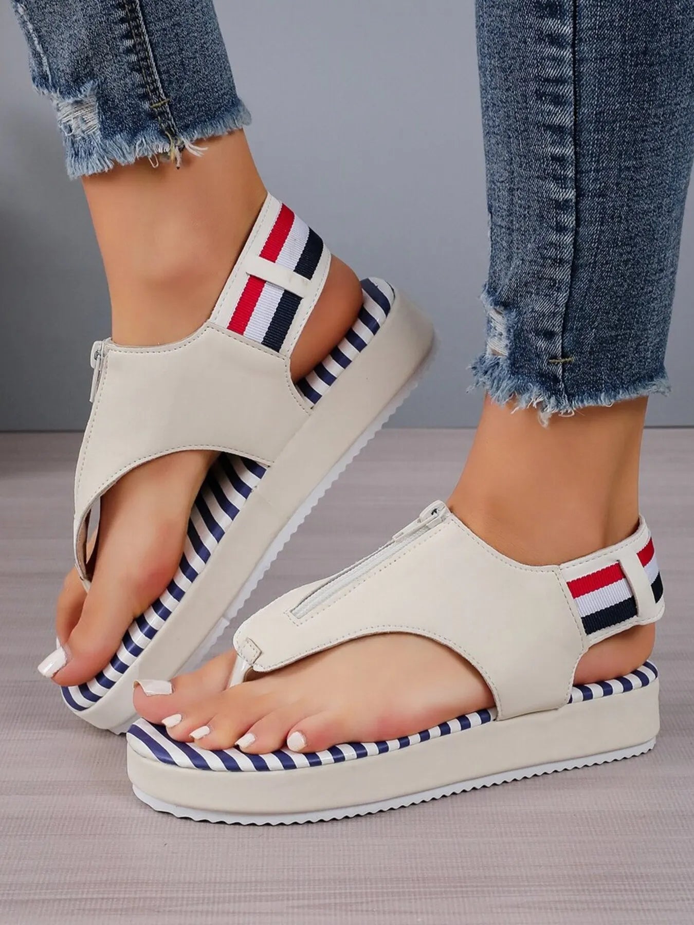 Striped Platform Toe Post Sandals - Tigbul's Variety Fashion Shop