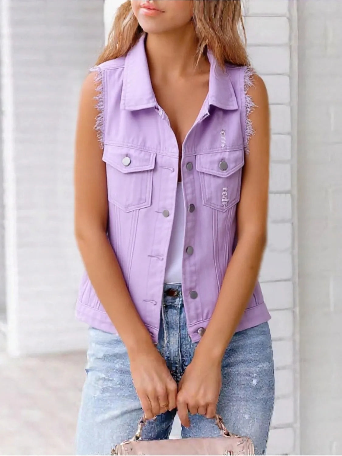 Full Size Sleeveless Frayed Denim Vest Jacket Plus Size - Tigbul's Variety Fashion Shop