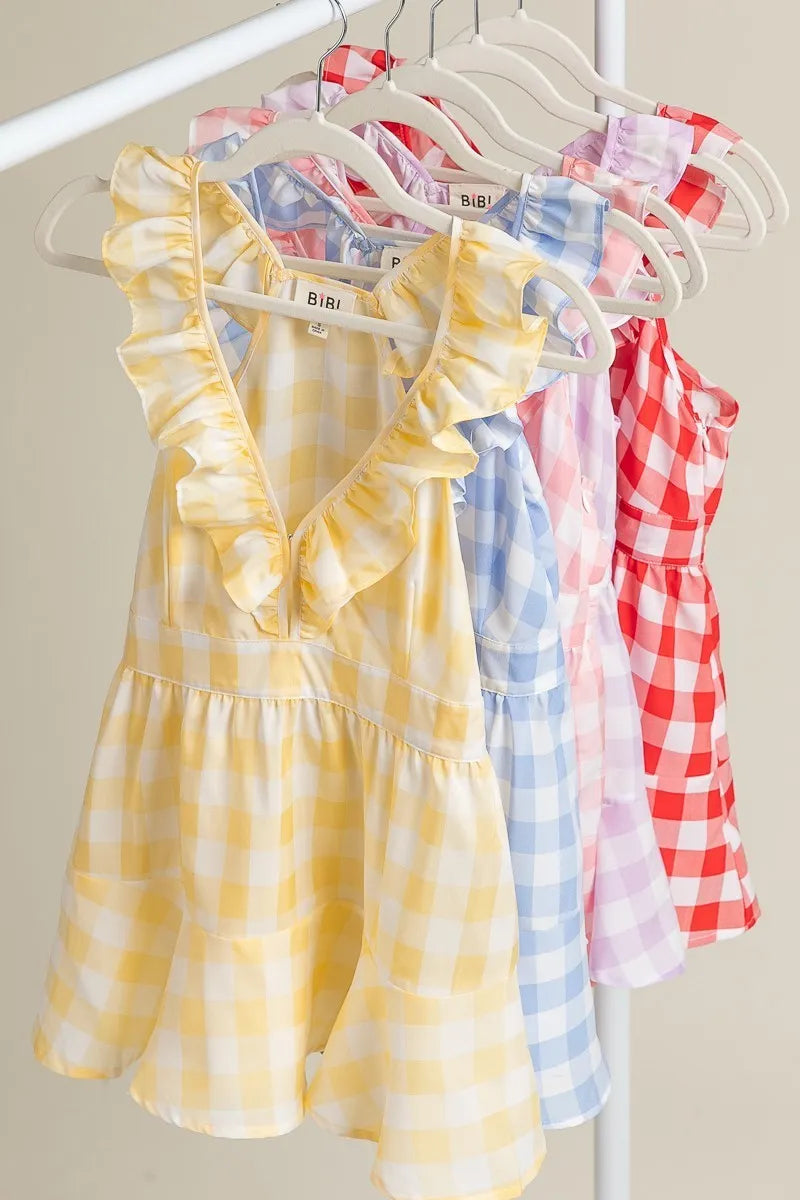 Ruffled Neckline Sleeveless Check Plaid Peplum Top - Tigbul's Variety Fashion Shop