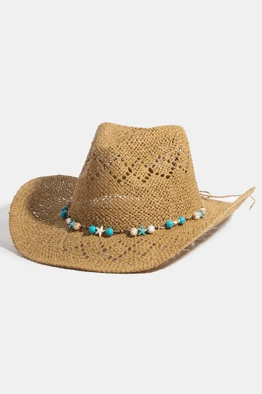 Fame Turquoise and Shell Star Beads Strap Western Straw Hat - Tigbul's Variety Fashion Shop