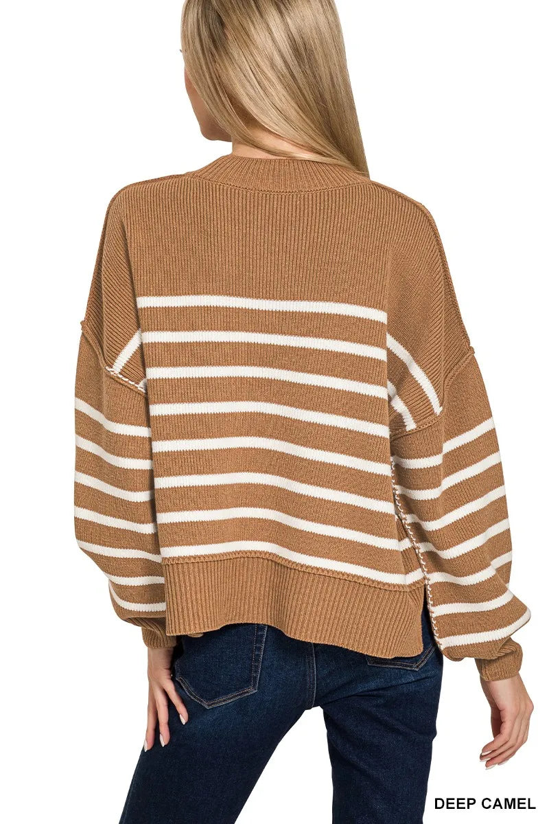 Zenana Exposed Seam Striped Oversized Sweater - Tigbul's Variety Fashion Shop