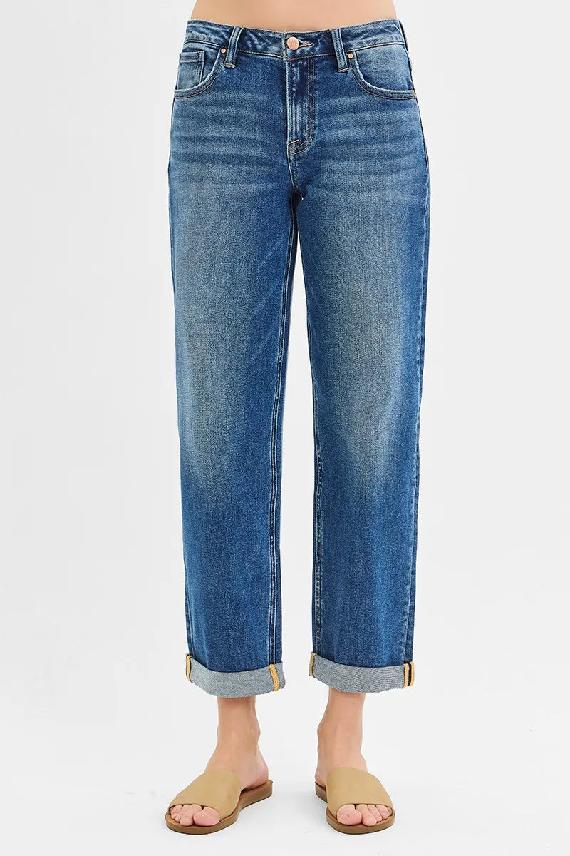 RISEN Full Size Mid Rise Boyfriend Roll Up Jeans Plus Size - Tigbul's Variety Fashion Shop