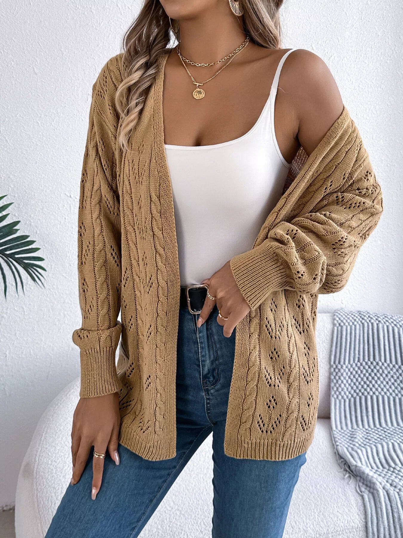 Openwork Open Front Long Sleeve Cardigan - Tigbul's Variety Fashion Shop