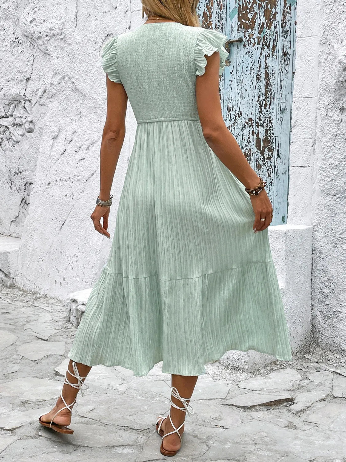 V-Neck Ruffled Cap Sleeve Dress - Tigbul's Variety Fashion Shop