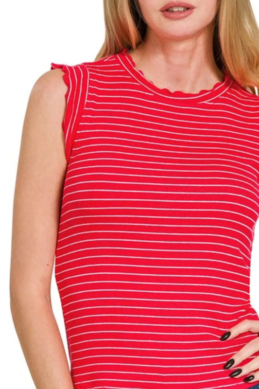 Red Ribbed Ruffle Trim Sleeveless Stripe Top - Tigbul's Variety Fashion Shop