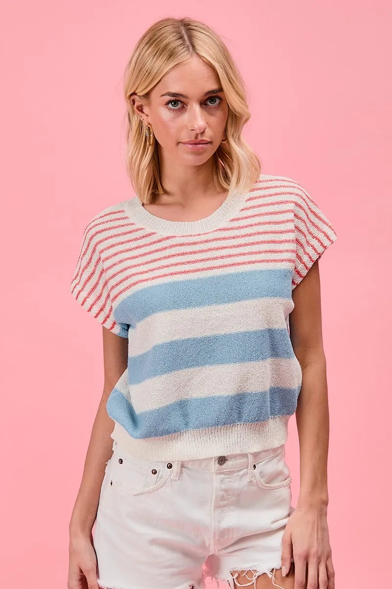 BiBi Stripes Lightweight Short Sleeve Sweater - Tigbul's Variety Fashion Shop