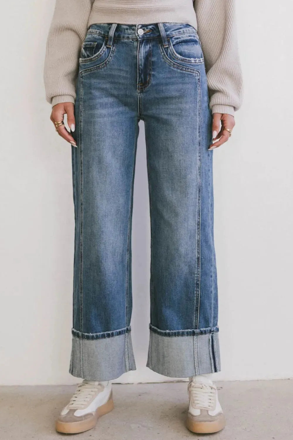 Wide Leg Cuff Jeans - Tigbul's Variety Fashion Shop