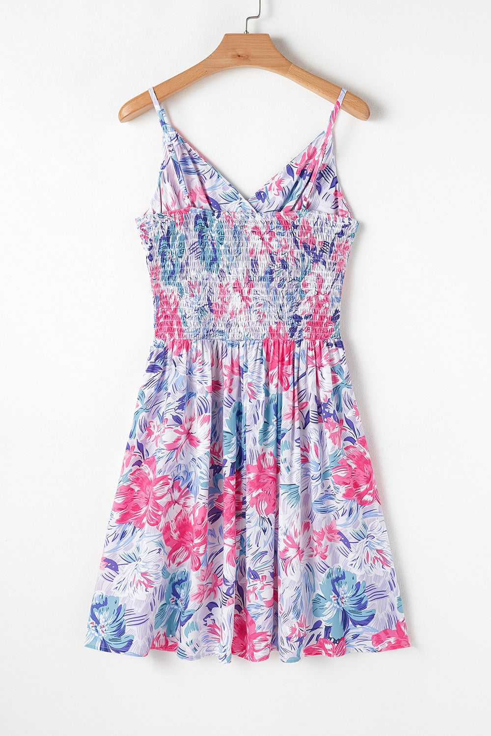Floral Spaghetti Strap Surplice Neck Shirred Waist Mini Dress - Tigbul's Variety Fashion Shop