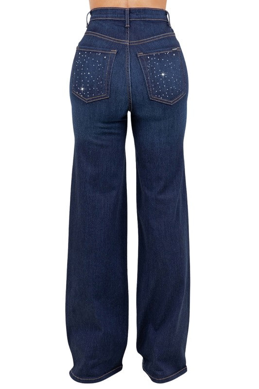 Olivia Rhinestone Wide Leg Jean - Tigbul's Variety Fashion Shop