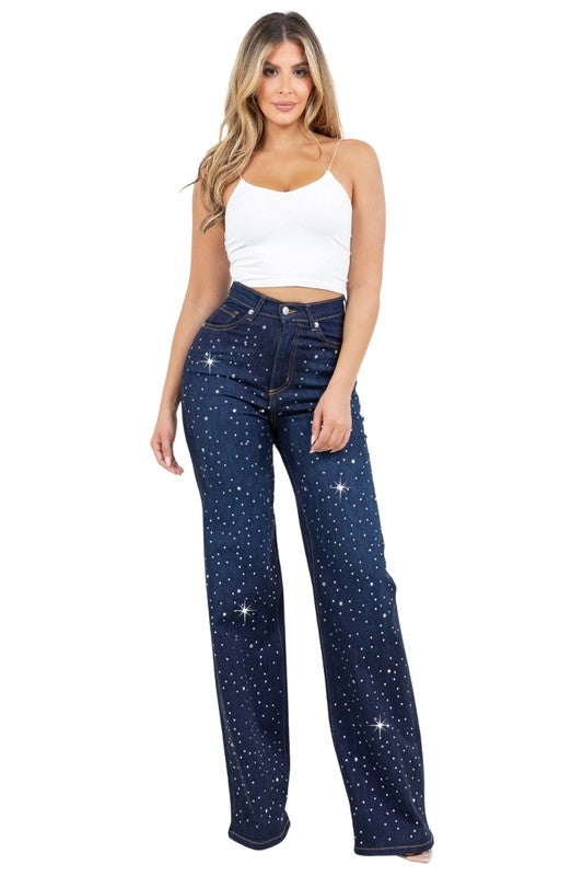 Olivia Rhinestone Wide Leg Jean - Tigbul's Variety Fashion Shop
