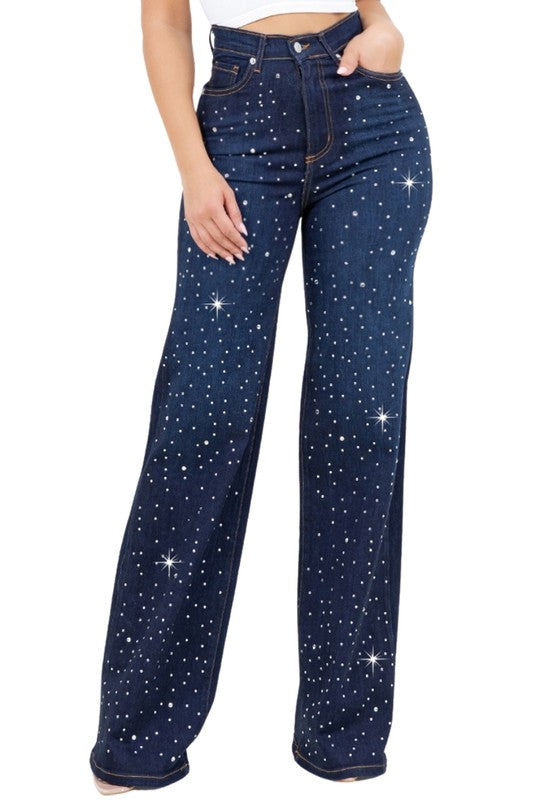 Olivia Rhinestone Wide Leg Jean - Tigbul's Variety Fashion Shop
