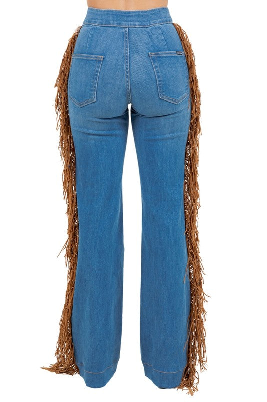 Harley Wide Leg Fringe in Medium Wash - Tigbul's Variety Fashion Shop