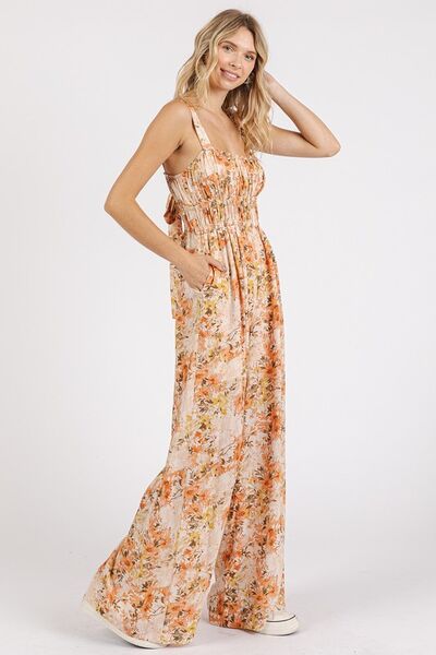 Tan Flower Print Gathered Bust Sleeveless Jumpsuit - Tigbul's Variety Fashion Shop