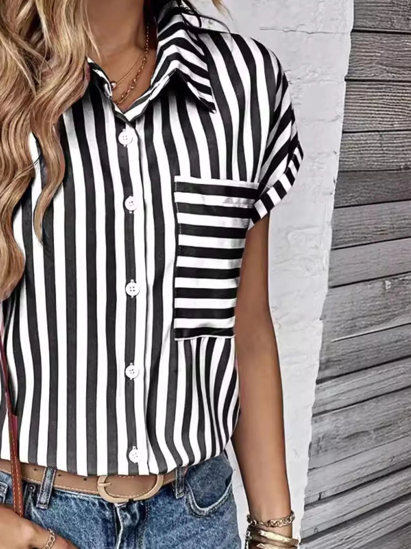 Striped Button-Up Short Sleeve Shirt with Pocket - Tigbul's Variety Fashion Shop