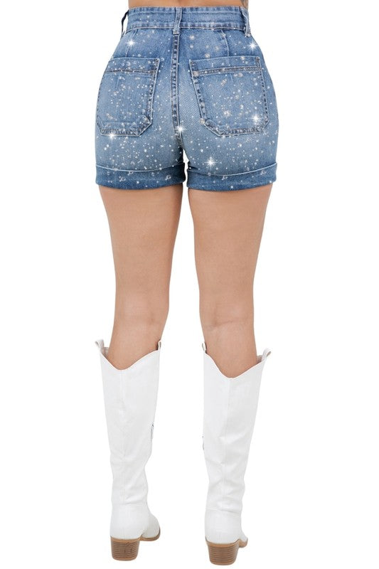 Willow Rhinestone Denim Short Medium Wash - Tigbul's Variety Fashion Shop