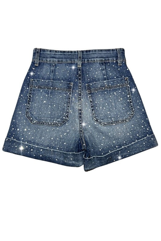 Willow Rhinestone Denim Short Medium Wash - Tigbul's Variety Fashion Shop
