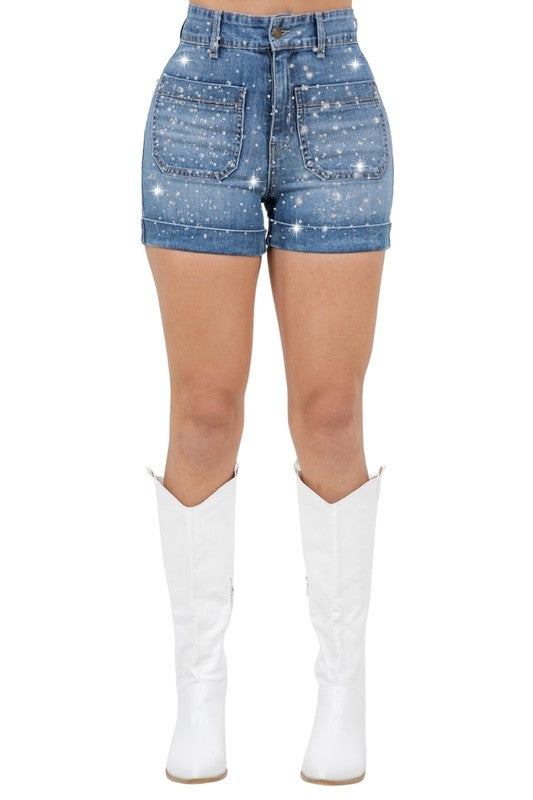 Willow Rhinestone Denim Short Medium Wash - Tigbul's Variety Fashion Shop