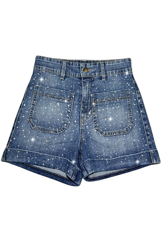 Willow Rhinestone Denim Short Medium Wash - Tigbul's Variety Fashion Shop