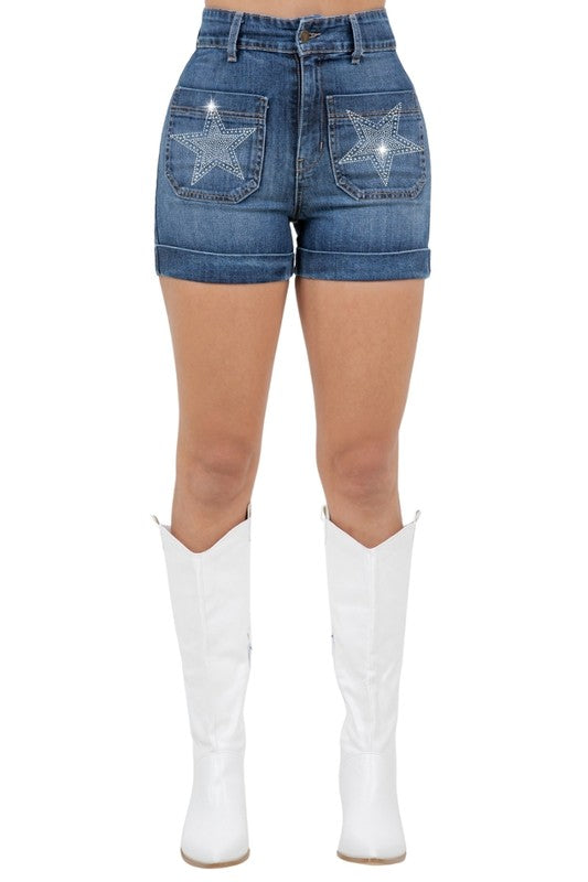 Star Studded High Waisted Denim Shorts Dark Wash - Tigbul's Variety Fashion Shop