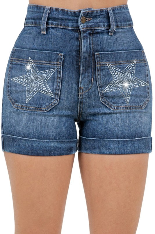 Star Studded High Waisted Denim Shorts Dark Wash - Tigbul's Variety Fashion Shop