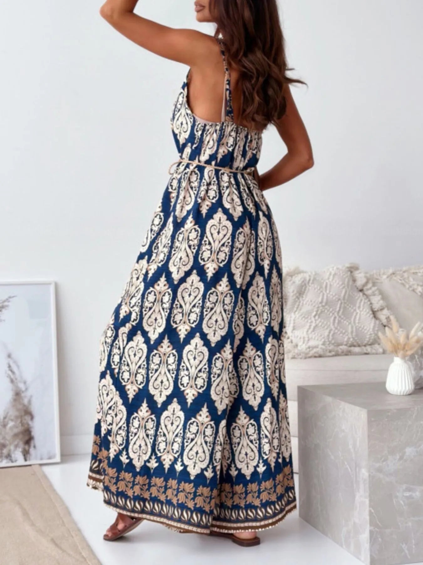 Paisley Print Spaghetti Strap Wide Leg Jumpsuit - Tigbul's Variety Fashion Shop